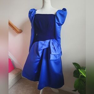 Vintage 80s Designer Victor Costa Velvet and Satin Cobalt Royal Blue S M